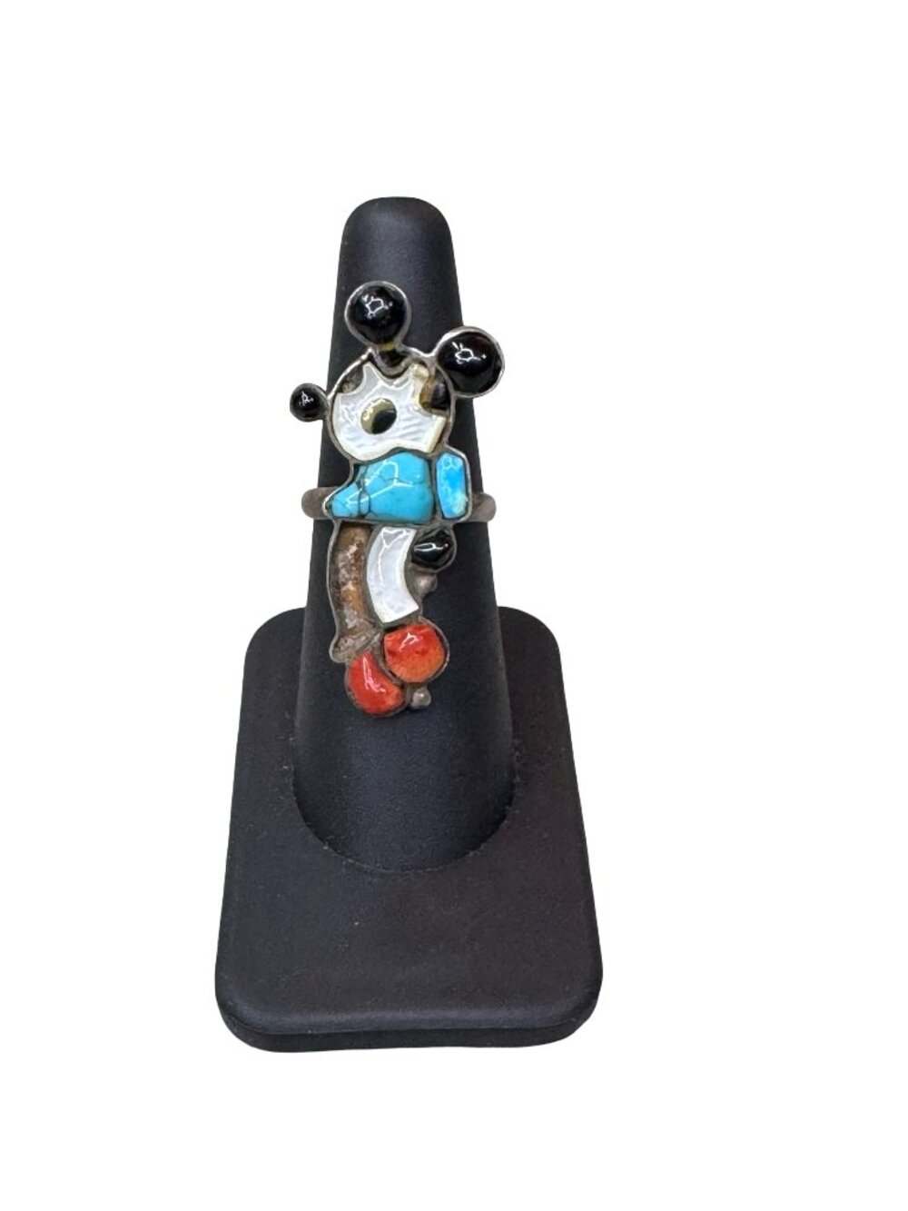 Zuni Mickey Inlaid Handmade Sterling Silver Ring Size 6.25 Turquoise Coral READ
